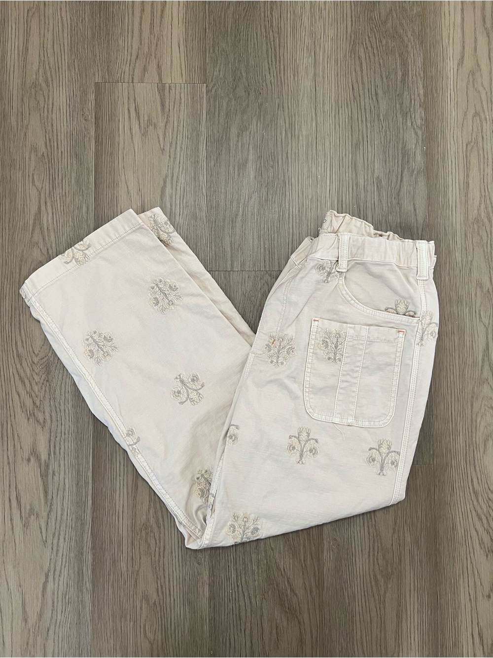 Anthropologie Pilcro Rustic Pull-On Pants Floral Embroidered Cream Size Large